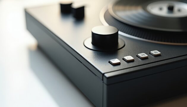 dj controller closeup with rotary knob and push buttons on matte black mixer, dj controller showing tactile controls, jog wheel edge and brushed finish, studio setup for music production,