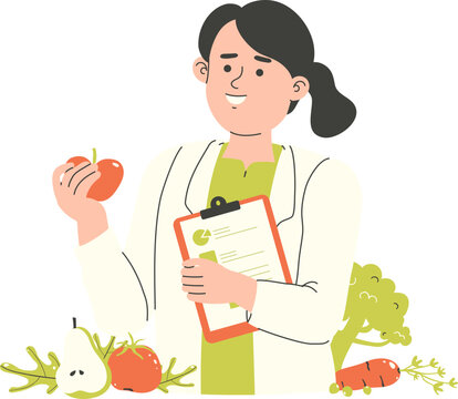Flat Vector Dietitian Nutritionist Holding Apple and Medical Clipboard with Healthy Food Diet Plan Concept