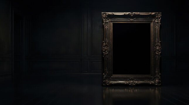 Ornate Dark Frame Standing in a Dimly Lit Room with Paneling ornate frame antique frame