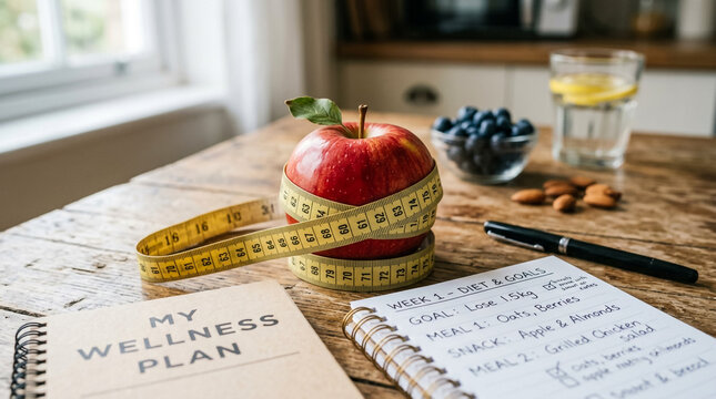 Fresh fruit tart with apple and blueberries on diet meal planner notebook for healthy eating