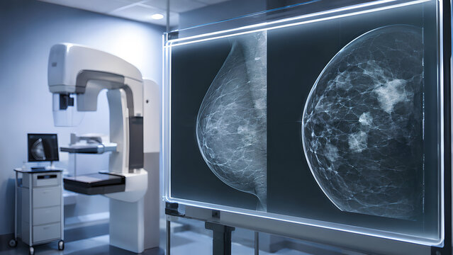 Fibrocystic breast change radiology imaging concept with mammogram and ultrasound views in a clinical diagnostic room for healthcare, medical education, radiology, and patient education use