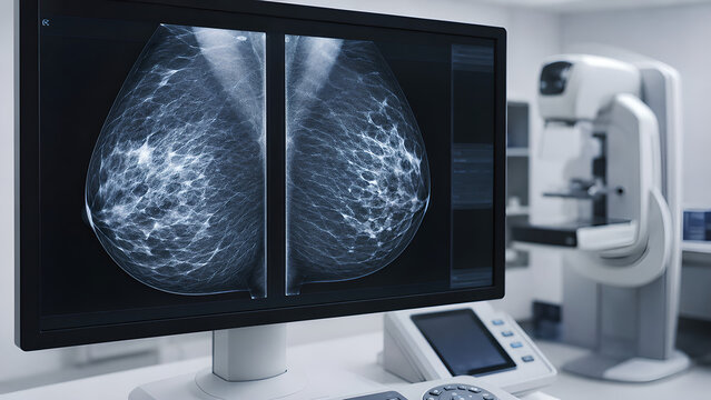 Fibrocystic breast change radiology imaging concept with mammogram and ultrasound views in a clinical diagnostic room for healthcare, medical education, radiology, and patient education use