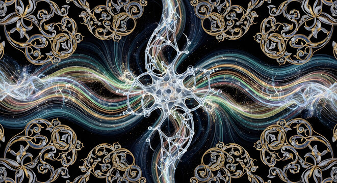 Abstract neuron like energy flow and ornate gold silver pattern background