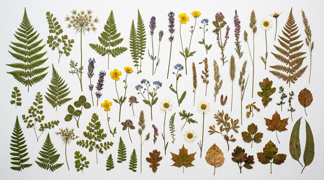 Botanical seamless pattern of wild herbs and flowers on white background for design