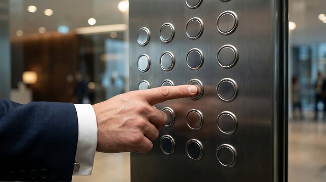 Man pressing metal elevator button with finger on stainless steel panel hand press touch push suit sleeve architecture.