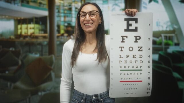 Young woman holding an eye chart and smiling while wearing glasses in a building optical clinic with seating and shelves visible; confidence eye care.