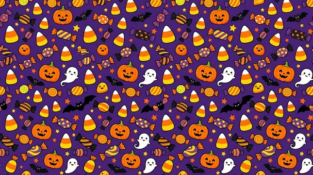 Seamless halloween pattern with cute pumpkins, ghosts, bats, and candy on a dark purple background