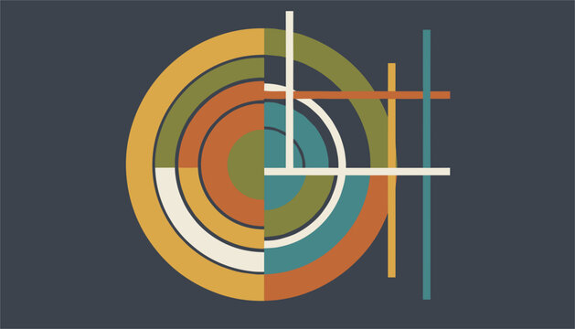 Abstract constructivist design featuring colorful concentric circles and intersecting straight lines on a dark background.