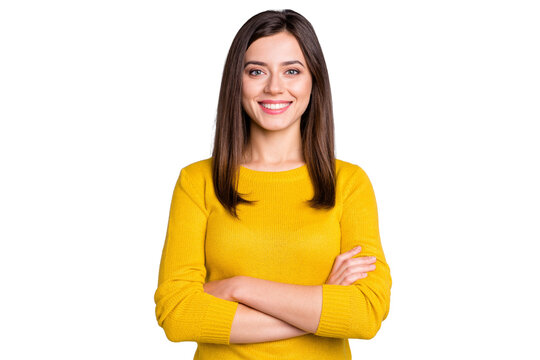 Photo of young happy cheerful positive smiling girl with crossed hands wear yellow jumper isolated on grey color background