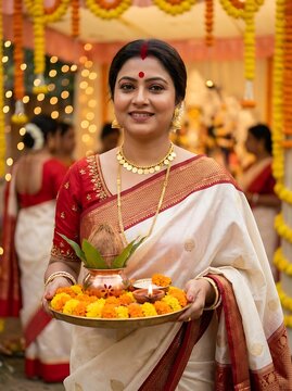 Indian woman in traditional saree holding a puja thali during a festival