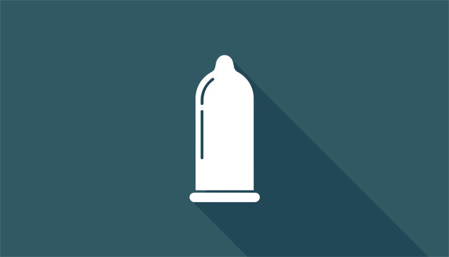 Minimalist flat white outline icon of a condom is displayed with a long shadow against a dark teal background.