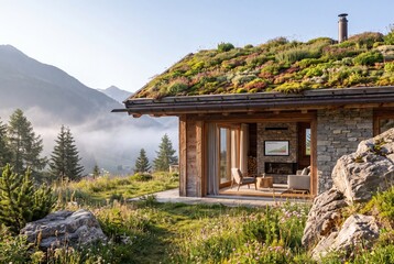 Fototapeta premium Modern eco chalet with green roof in mountains scenic morning view