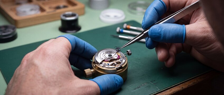 Watchmaker with tweezers meticulously assembling intricate mechanical watch movement for precision timekeeping