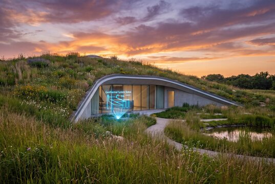 Geothermal earth sheltered home with green roof at sunset landscape