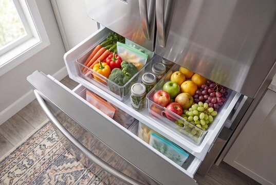Organized refrigerator drawer with fresh fruits and vegetables in bins