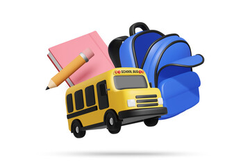 3d rendering of yellow school bus blue backpack pink notebook and pencil isolated on transparent background png ideal for back to school education concept study supply and student banner design © Khomkrid