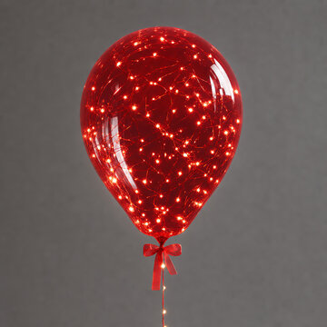 Shiny red balloon filled with sparkling fairy LED lights tied with a ribbon on gray background