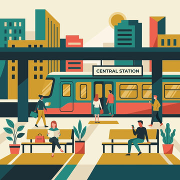 People at busy central train station in flat illustration.