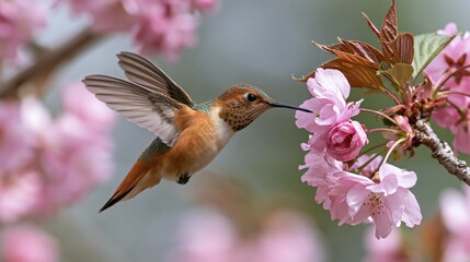 Fototapeta premium The Hummingbird Feeding on Pink Blossom Branch in Spring Garden