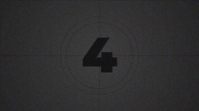 Old film movie timer count in grey retro style. Vintage film leader countdown from 10 to 0 seconds. Cinema movie reel timer effect screen. 4k video