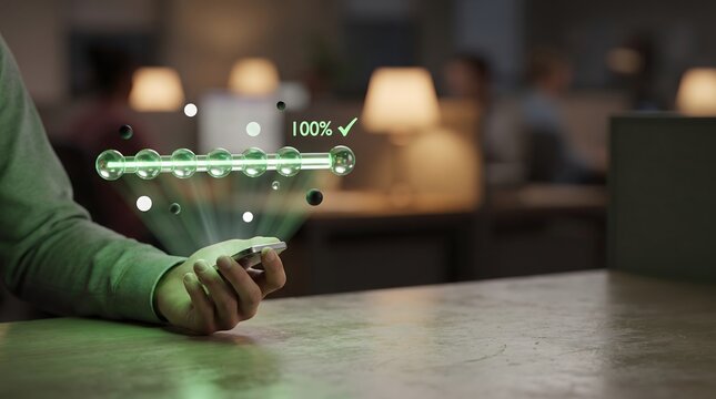 Hand holding smartphone projecting glowing green holographic progress bar at 100 percent completion. Perfect for business success digital goals project management and tech achievement concepts.