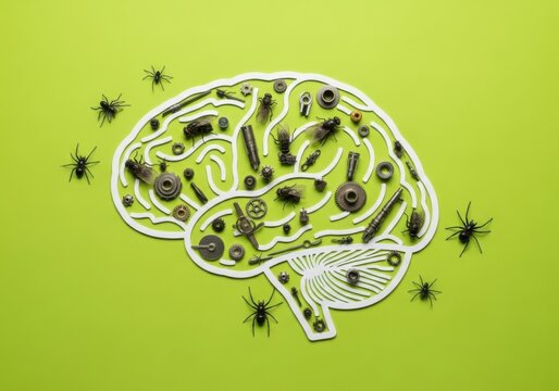 Conceptual brain model with mechanical parts and insects