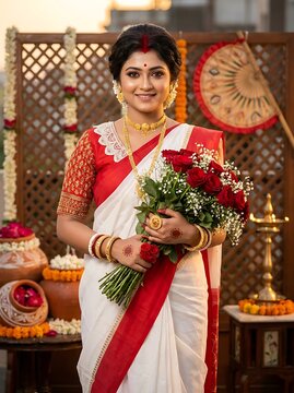 Beautiful bengali bride in traditional white and red saree holding rose bouquet