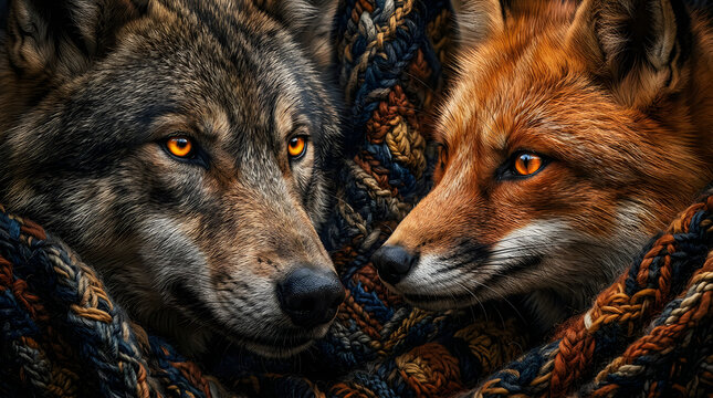 Close up portrait of a grey wolf and a red fox looking at each other in the dark forest