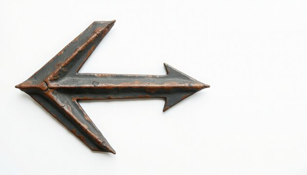 metal arrow sign with rusted black double directional arrow on white background, metal arrow sign featuring textured patina, visible screws and distressed steel, metal arrow sign for signage,