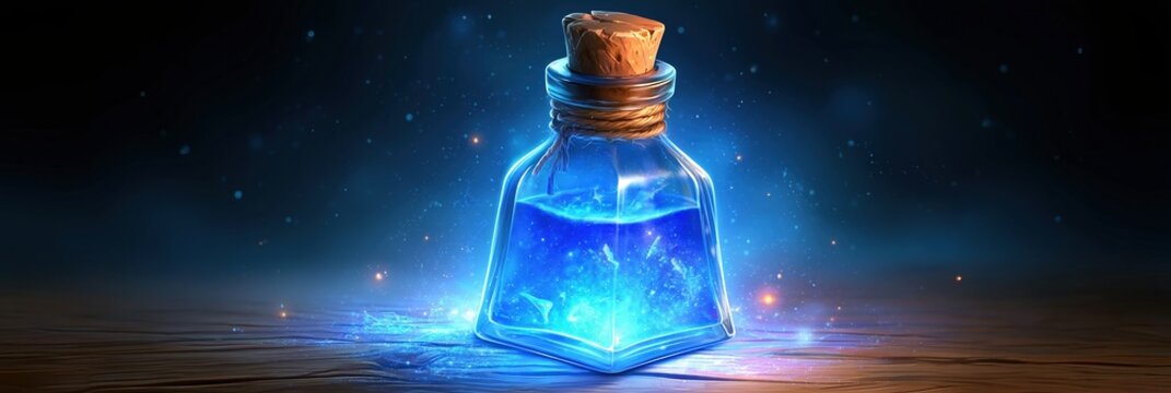 Magical glowing blue potion in a glass bottle with cork stopper on a wooden table, fantasy, mystical, ethereal light