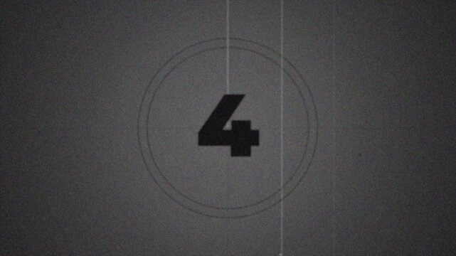 Countdown movie from 10 to 0 seconds. Old film movie timer count in grey retro style. Vintage video timer, retro cinema animation with AI post effects