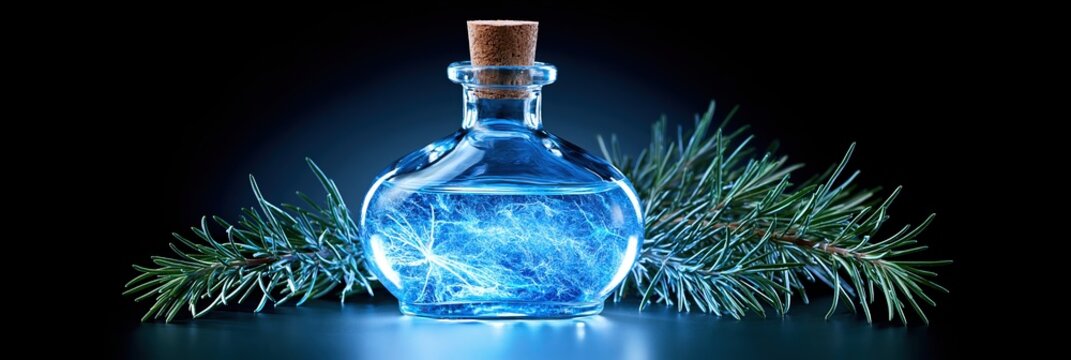 Magical Potion in a Glass Bottle with Rosemary and Glowing Blue Energy