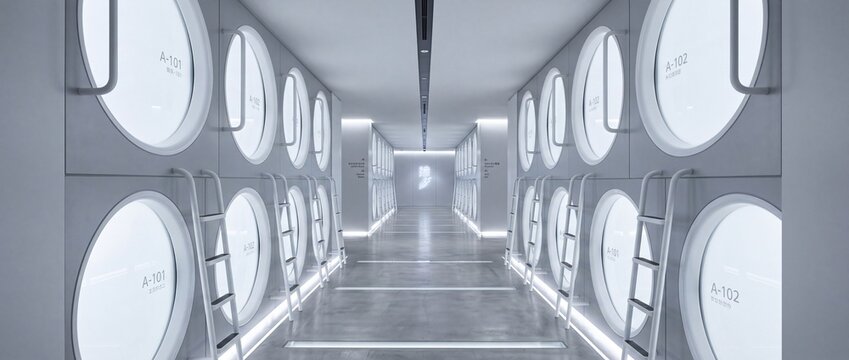 Futuristic capsule hotel hallway with minimalist white circular sleeping pods and illuminated signage designed for modern accommodation
