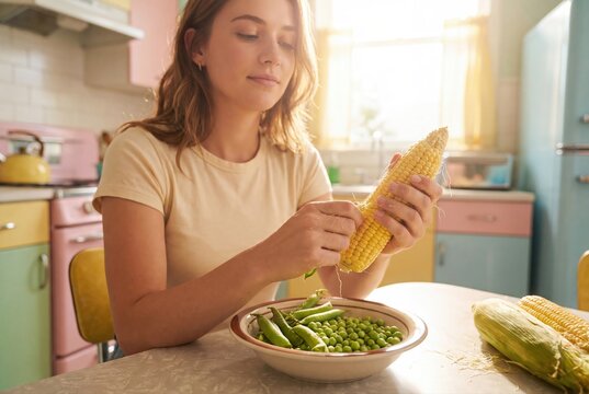 Young woman shucking sweet corn in retro kitchen interior lifestyle