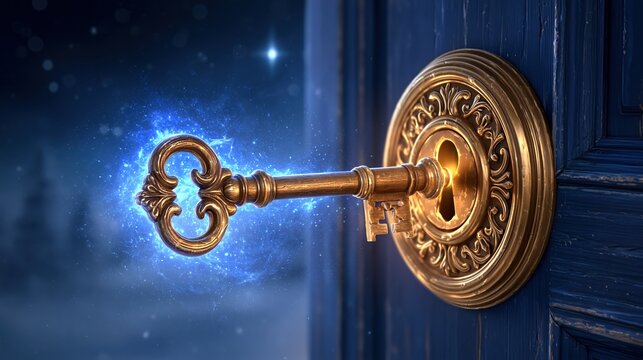 Ornate golden key with magical blue energy inserted into a vintage brass keyhole on a blue wooden door