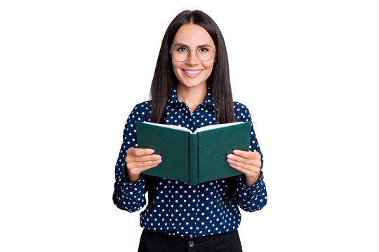 Portrait of lovely cheerful businesslady reading book developing skills isolated over grey pastel color background