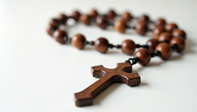 wooden rosary with cross on white surface, wooden rosary arranged in soft focus with carved wooden beads and knotted cord, close up showing texture of cross and beads, spiritual prayer accessory,