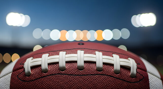 Close up of an American football on the field.