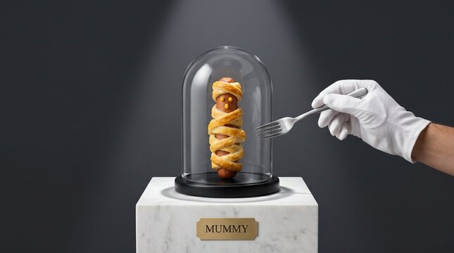 A single sausage wrapped in pastry as Mummy Hot Dogs displayed in a museum glass case for conceptual art.