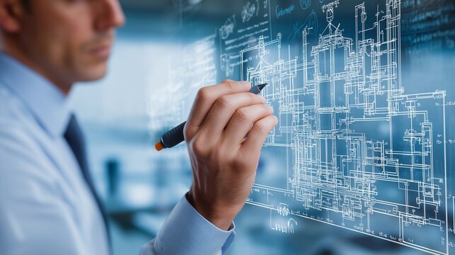 Male Architect Designing Holographic Blueprint Planning Innovative Building Infrastructure Future Engineering and Smart City Technology