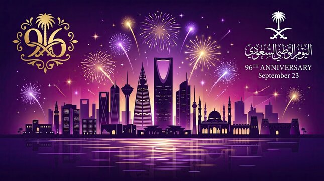 Saudi Arabia National Day purple night banner with city skyline