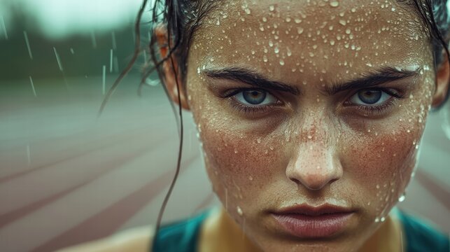 Determined athlete rainsoaked and focused.