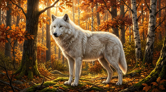 Beautiful white wolf standing in a magical autumn forest with golden sunlight during the day