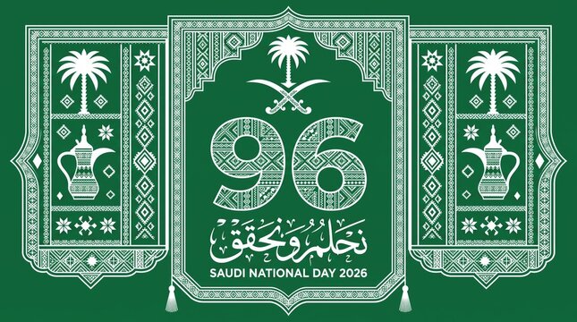 Saudi National Day 96 green ornamental banner with arabic pattern
