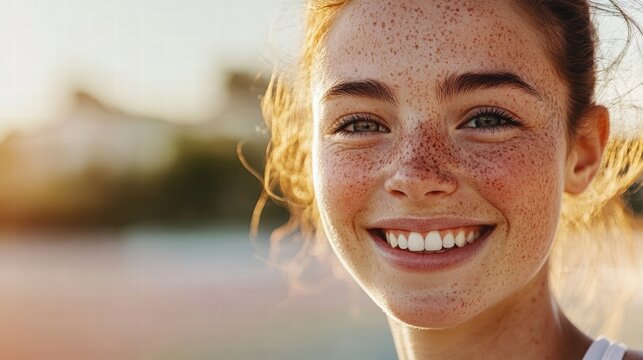 A sunkissed smile lights up her freckled face.