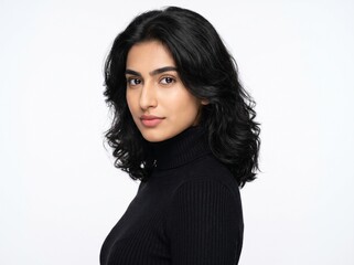 Obraz premium Portrait of a confident young woman with curly hair in studio setting