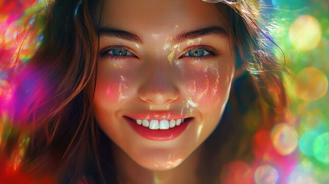 A radiant smile bathed in vibrant light.