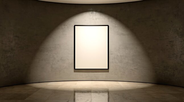 Empty Picture Frame Illuminated by Spotlight in Art Gallery.