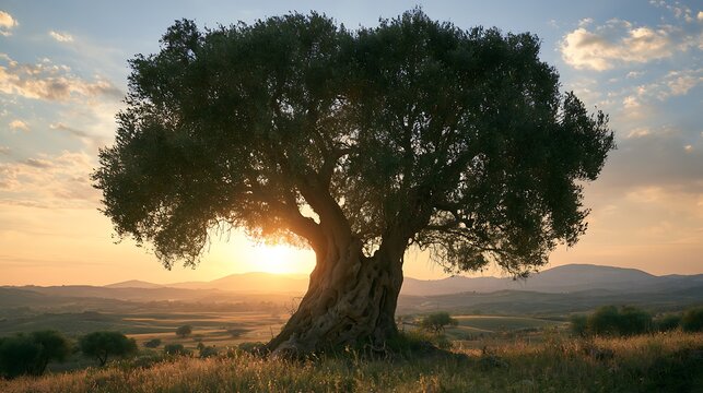 Ancient olive tree at sunset in the Mediterranean countryside.