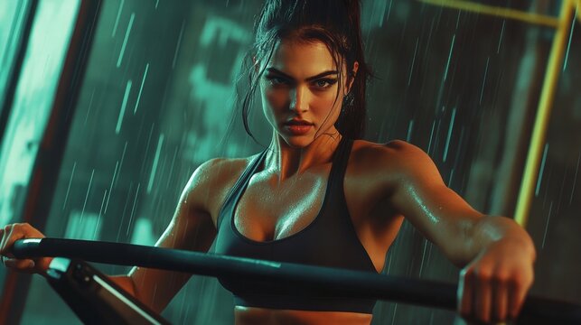 Woman powerfully rowing in the rain.